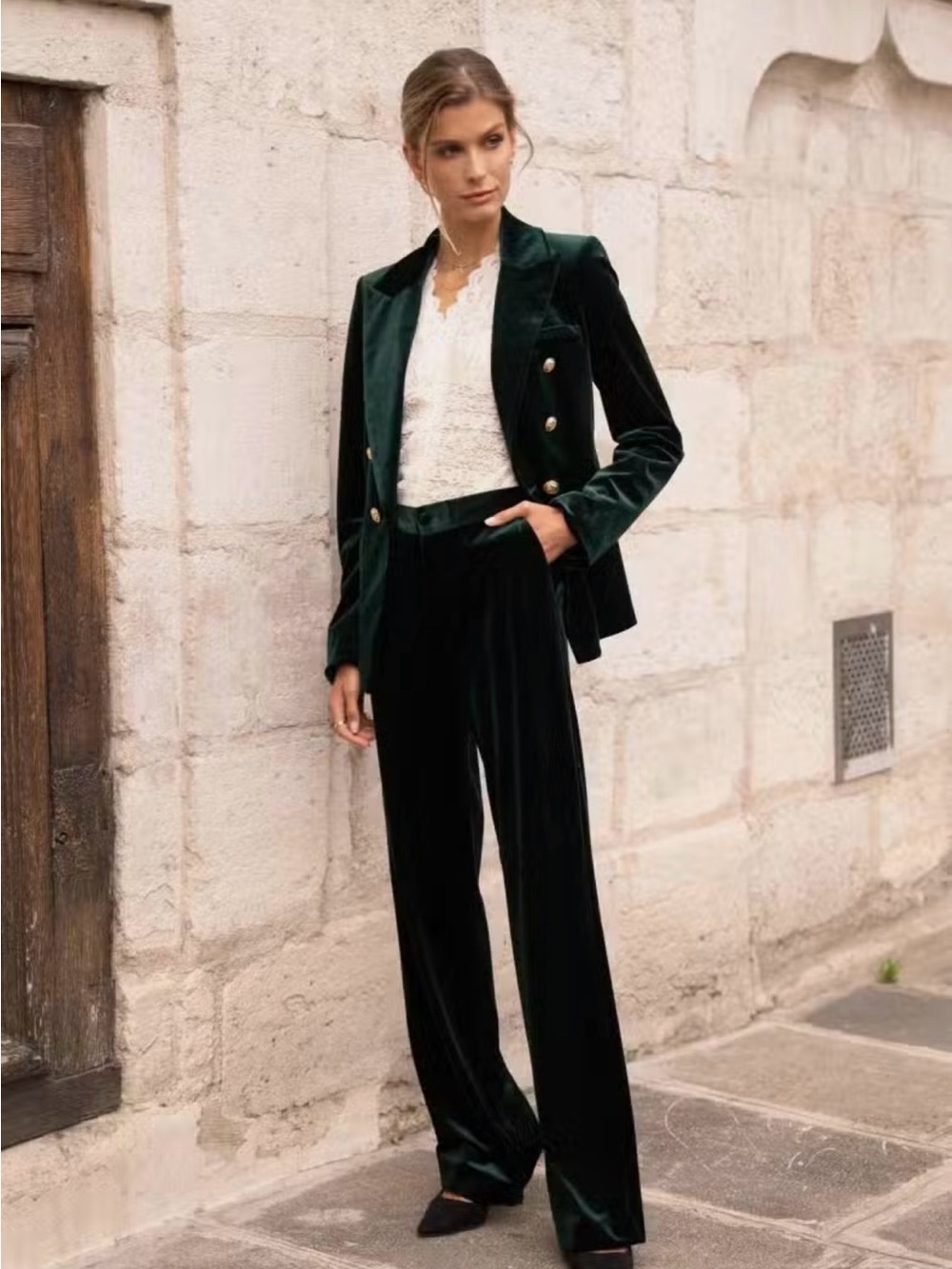 Double Breasted Blazer and High-Rise Velvet Wide-Leg Pants in Deep Green
